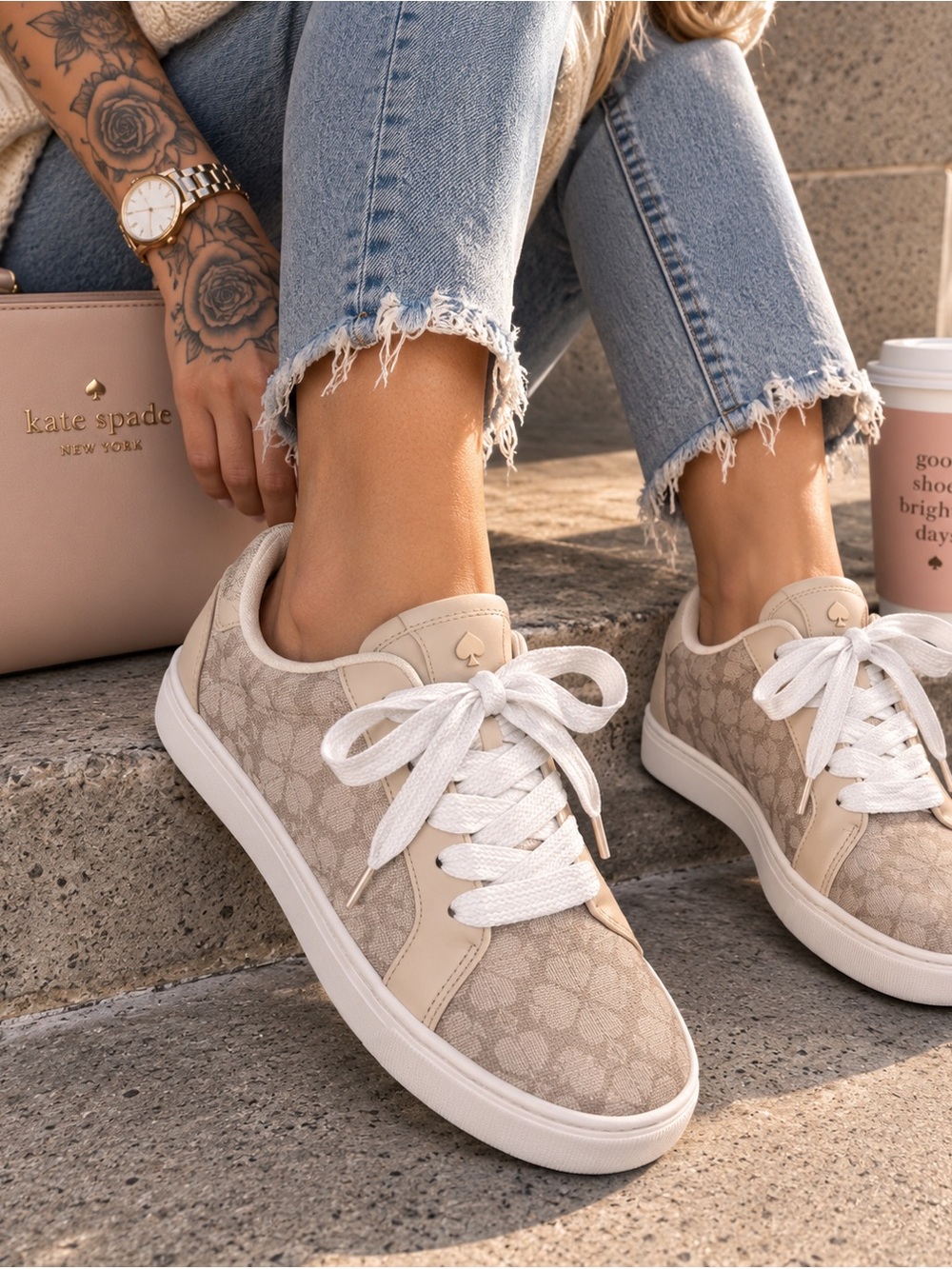 Kate Spade Erin Flower PVC Sneakers Beige Women’s 7B